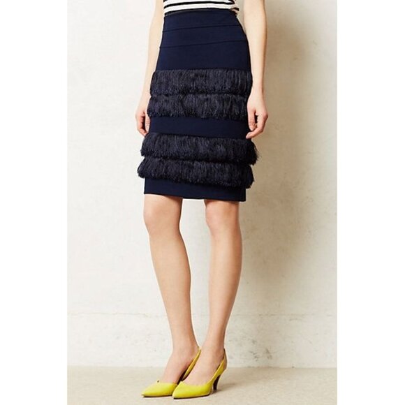 NWOT Eva Franco blue knee length skirt with tiered fringe accent, 10 - Picture 2 of 8